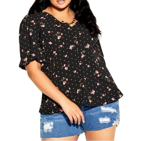 City Chic Spot The Petal Black Floral polka dot print Relaxed fit Button Up XXL - Picture 1 of 15